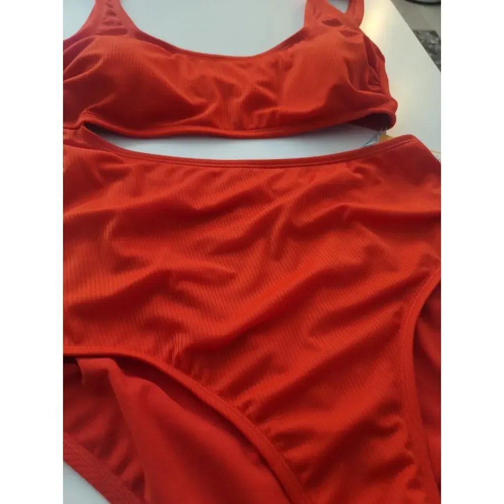 Women's Orange Ribbed Cutout Bikini Set With Bottoms and Scoop Neck Top Size L - Picture 2 of 4